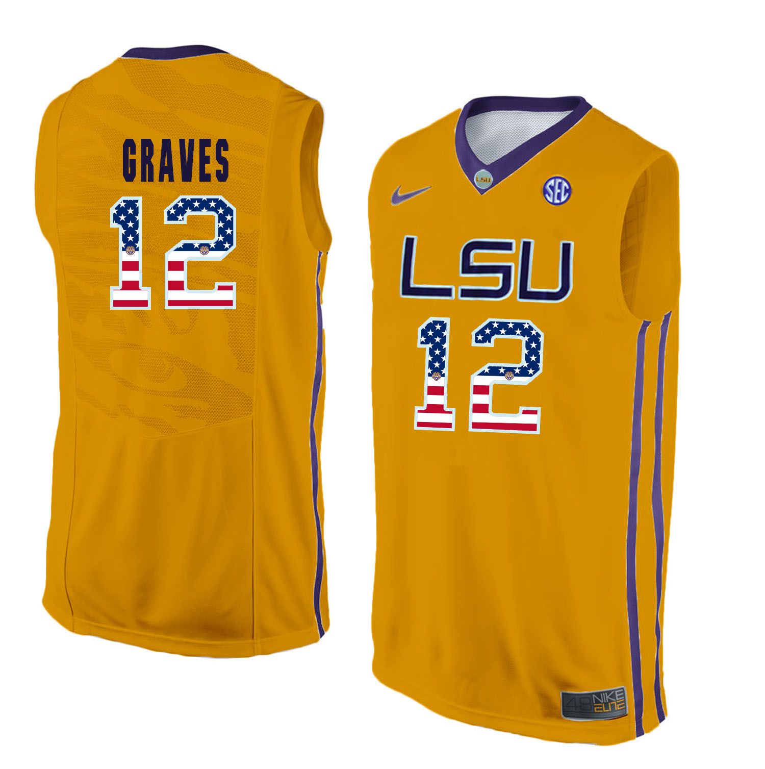 Men LSU Tigers 12 Graves Yellow Flag Customized NCAA Jerseys